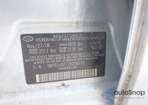 2007 Hyundai Sonata Limited/Se V6 z USA, uszkodzony, nr VIN 5NPEU46F17H259770